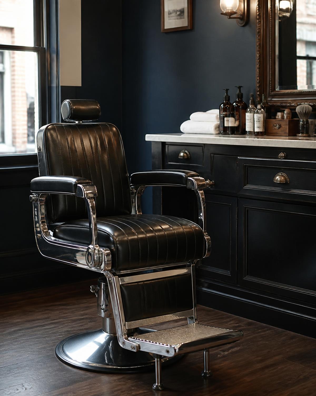 Single empty chrome and black leather barber chair beside a dark station counter with towels and bottles