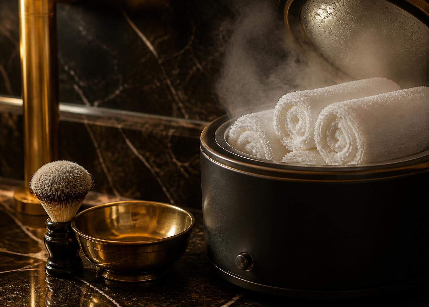 Steaming rolled white towels in a warmer beside a brass shaving bowl and badger brush