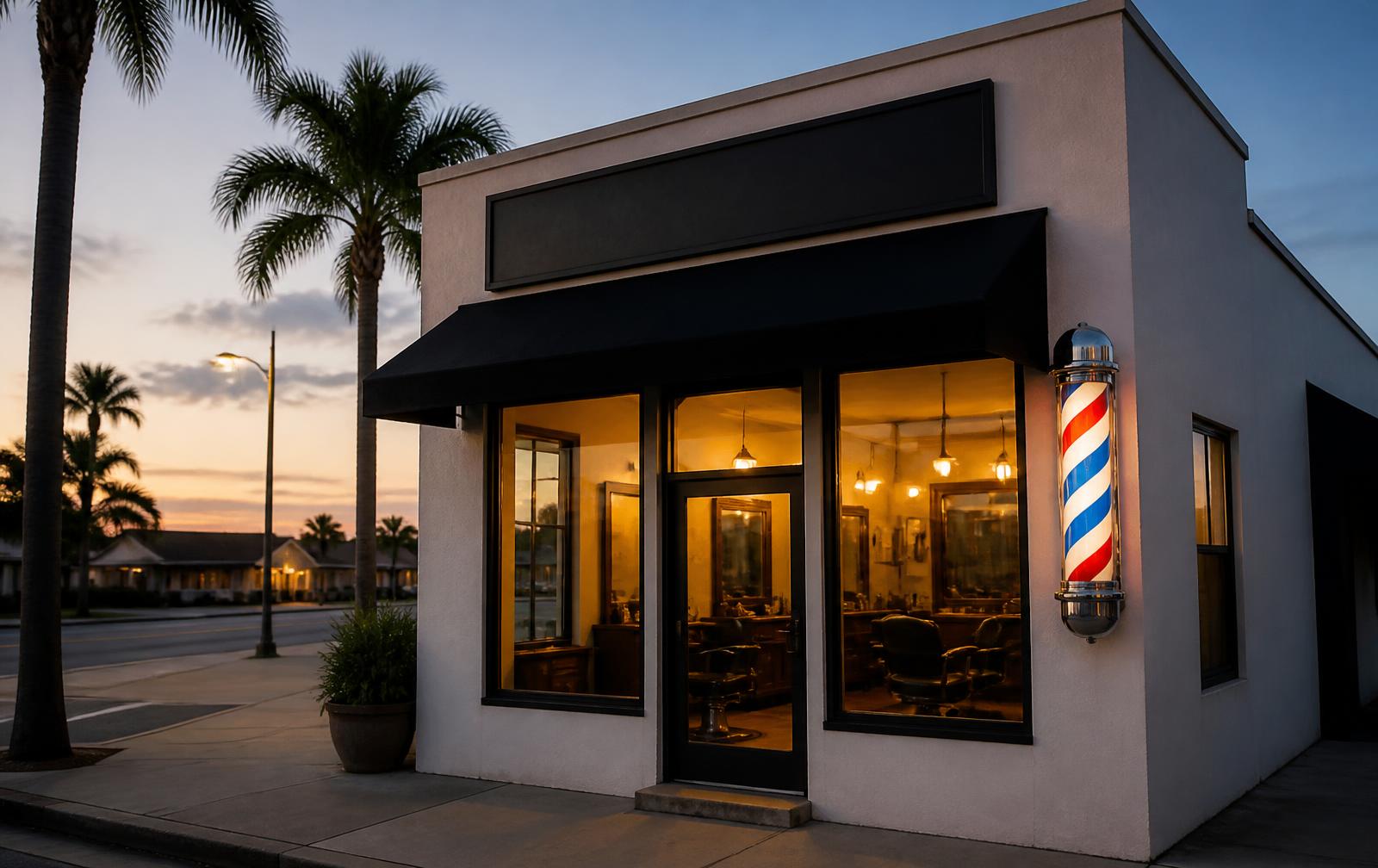 Corner barbershop exterior at dusk with a lit barber pole beside the door and palm trees along the street